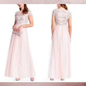NWT Adrianna Papell Leaf‎ Motif Beaded Tulle Gown